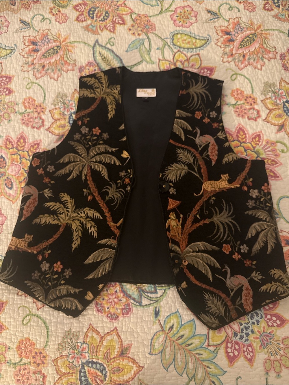 Embroidered Tropical Black Vest with Palm Motif